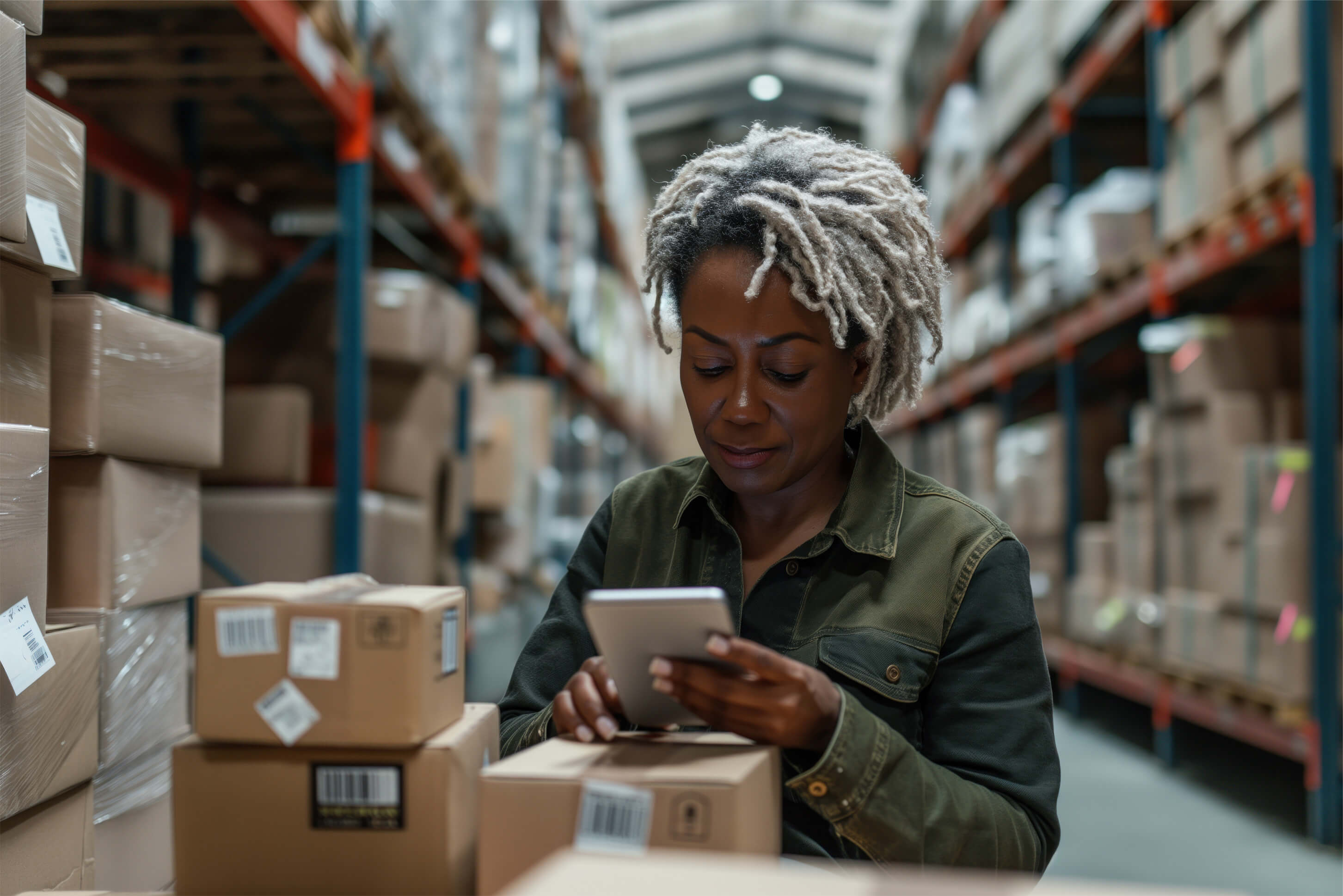 Focused logistics manager with tablet in warehouse