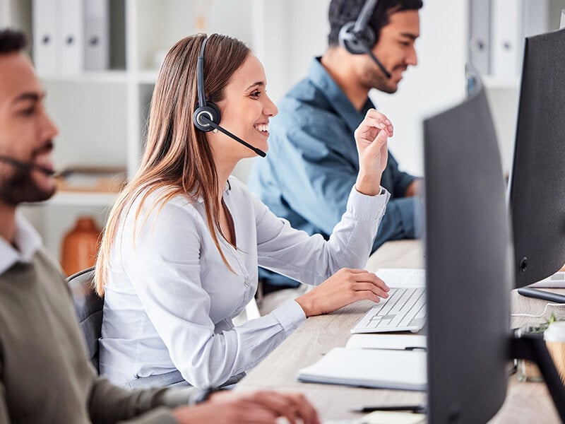 woman and working in team office with headset