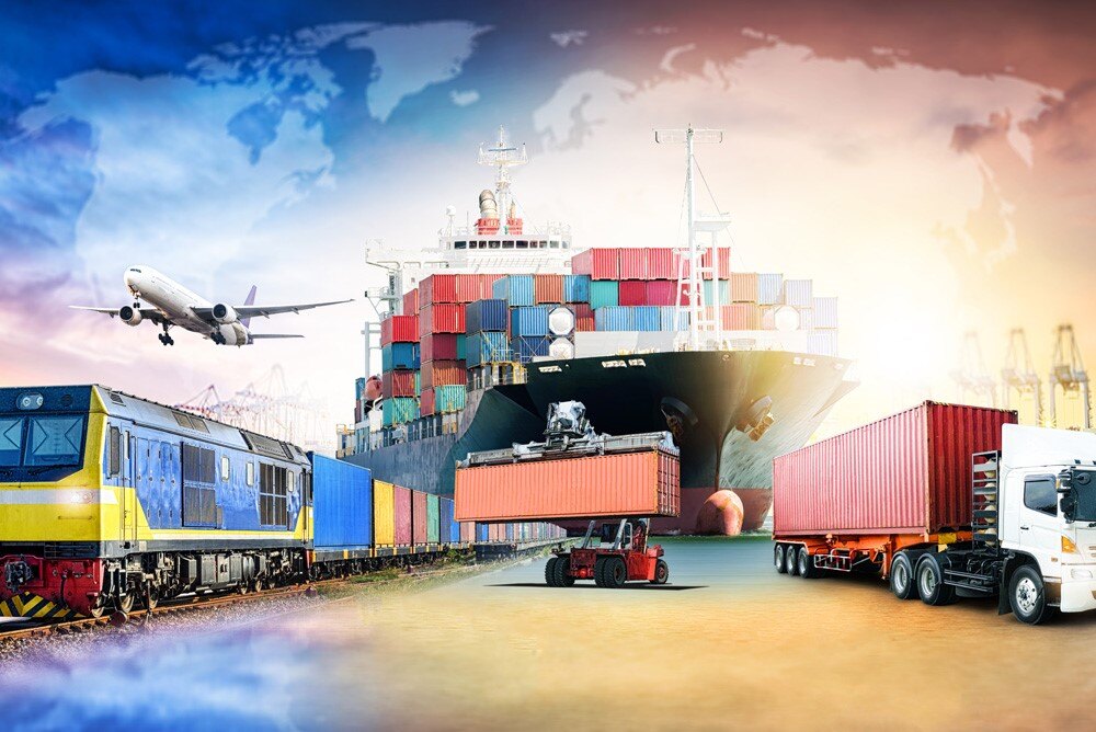 Freight delivery modes from airplane, train, truck, and cargo ship